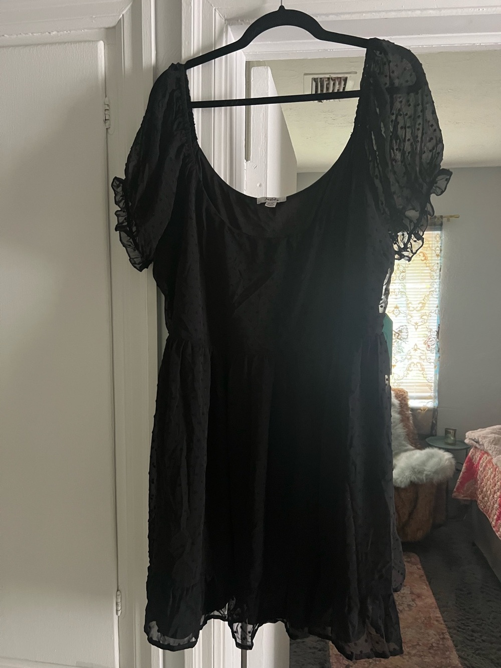 Justify Black Short Puff Sleeve Swiss Dot Dress